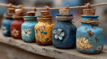 Decorative, rustic, colorful, miniature jars line a rope against a blurred backdrop