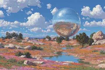 A Colorful Desert Landscape with a Floating Mirrored Sphere