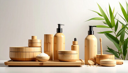 Bamboo bathroom accessories set on wooden tray with green plant, creating natural and eco friendly atmosphere