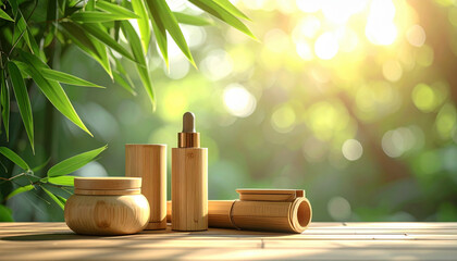 Natural bamboo skincare containers on wooden table with sunlight filtering through leaves, creating serene and eco friendly atmosphere