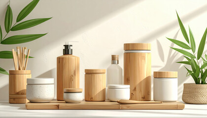 Natural bamboo bathroom accessories arranged shelf, including jars, dispensers, and toothbrush holders, creating serene and eco friendly