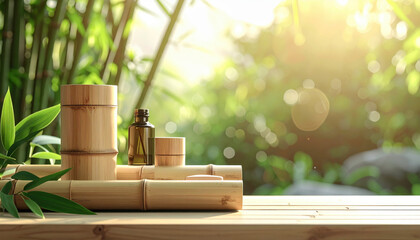 Bamboo containers and essential oil bottle on wooden table in serene garden setting, sunlight filtering through leaves