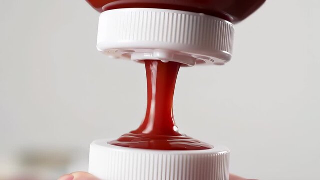 Ketchup Pouring in a Bottle, Close-Up Shot Showing the Thick Liquid Flowing into a Container