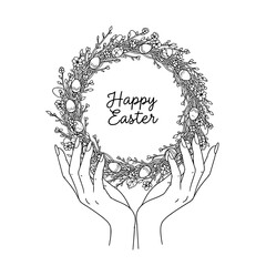 Icon of beautiful female hands holding an Easter wreath, representing concepts of Easter celebration and decoration