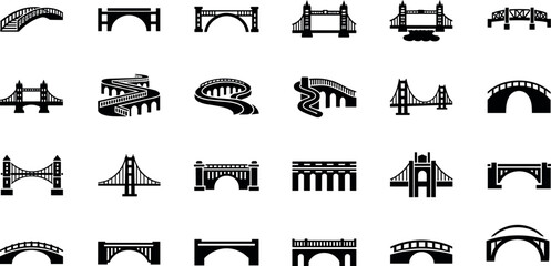 Professional Collection of Bridge Icons and Vector Silhouettes Featuring Suspension Arch Truss and Landmark Infrastructure Designs for Construction and Travel
