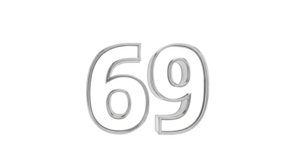 3D Number 69 with chrome effect on transparent background