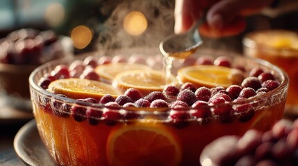 Refreshing beverage preparation with fresh berries and citrus slices at a festive gathering