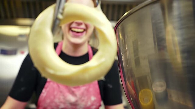 Cheerful baker showing fresh donut dough ring, demonstrating the art of pastry perfection