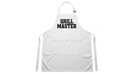 White apron with black text Grill Master and front pocket cooking