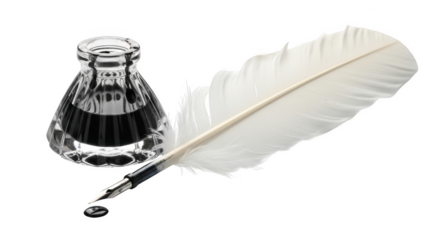 White feather quill pen with black ink in glass inkwell on black writing vintage