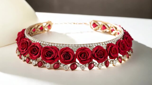 Exquisite gold necklace adorned with vibrant red roses and sparkling diamonds on a white background