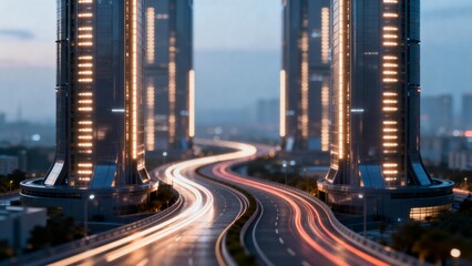 Futuristic cityscape with illuminated towers