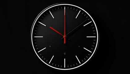Minimalist black clock with red hands against a dark background