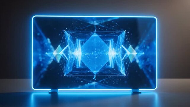 Futuristic display showing a complex, glowing blue geometric form with sharp angles, lines, and dots