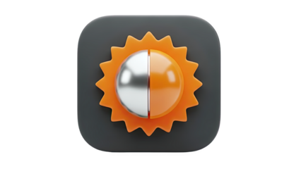 3D Sun icon split display, representing brightness or weather conditions on transparent background