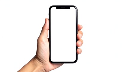 Hand holding a modern smartphone with a blank, white screen