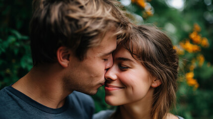 Fototapeta premium Faceless young couple kissing outdoors, romantic moment, outdoor affection, relationship intimacy, natural setting, defocused background, with copy space