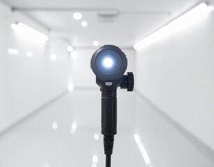 Medical endoscope with bright light in a white hospital hallway