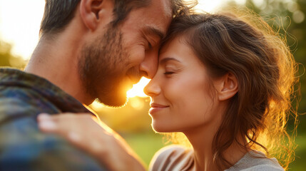 Fototapeta premium Couple embracing at sunset in nature, romantic holiday vacation, summer evening, forehead kiss, park setting, peaceful romance, with copy space