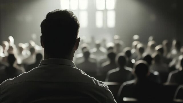 of a man sitting alone at a table with many people watching behind him.