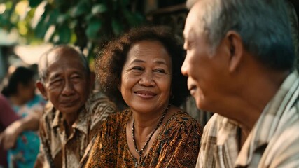 Warm smiles of elderly Indonesian people. Happy seniors enjoying conversation, sharing stories. Authentic moments of togetherness, cultural heritage. Peaceful retirement life, community spirit.