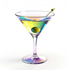 Elegant martini glass with an olive on a skewer, against white