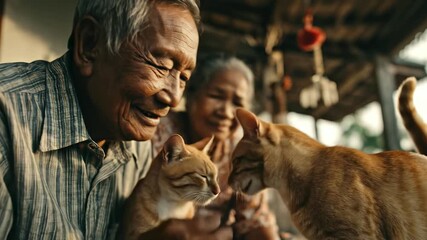 Warm portrait of elderly couple with cats. Loving seniors enjoy companionship. Cozy home life together. Happy retirement with pets. Adorable ginger cats. Family love.