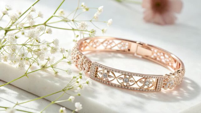 Rose gold diamond bangle bracelet with intricate filigree pattern displayed elegantly on a white marble surface.