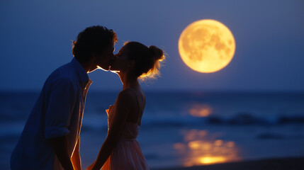 Passionate diverse couple kissing under full moon, tropical beach Indonesia, romantic setting, moonlit romance, exotic location, with copy space