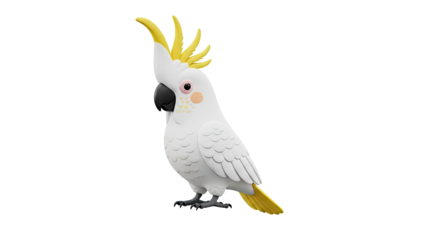 Cute cartoon cockatoo bird with yellow crest on transparent background