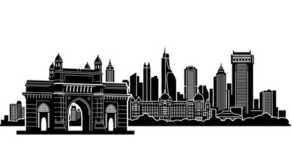 Obraz premium Black and white illustration of a city skyline with famous gateway of india monument