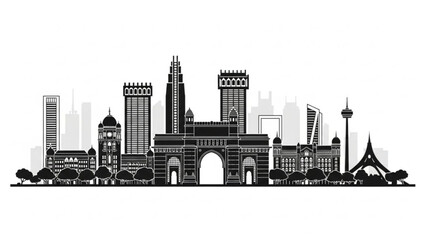 Obraz premium Black silhouette of a city skyline with famous landmarks and buildings