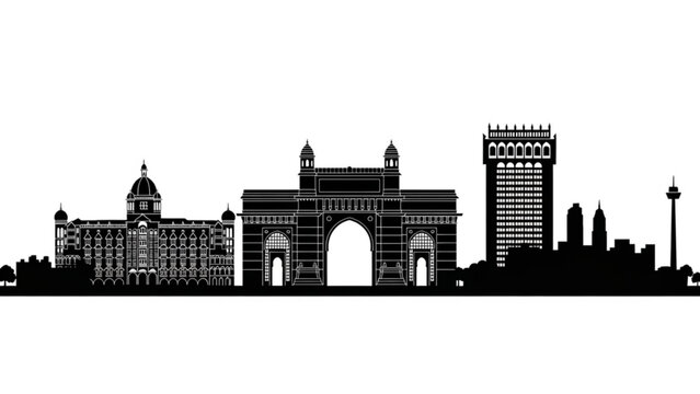 Silhouette of gateway of india and mumbai city skyline with famous landmarks