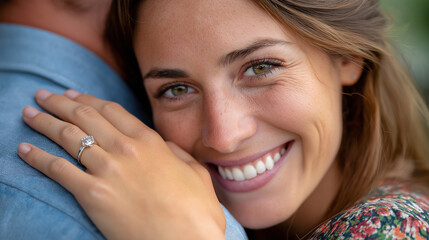Close-up smiling woman hugging man showing engagement ring, engaged couple in love, marriage proposal, relationship milestone, happy announcement, with copy space