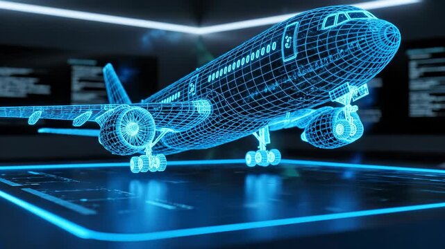 3D hologram of airplane model displayed on digital table. Advanced technology showcases aviation design and innovation. Stunning visuals create futuristic environment.