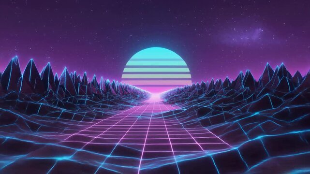 Retro futuristic landscape with neon grid and glowing horizon.