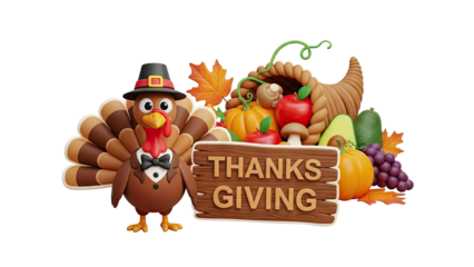 Thanksgiving Turkey with Cornucopia and Harvest Fruits on transparent background