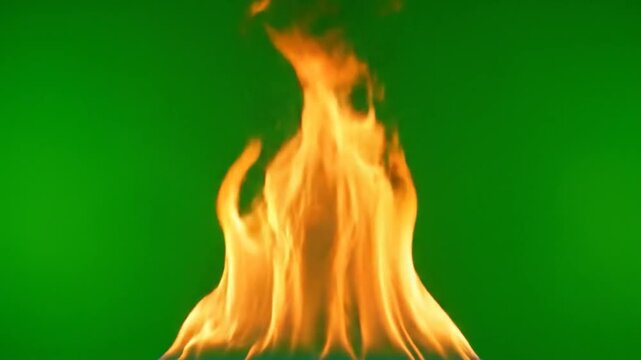 Dancing flames against a bright green backdrop, close and prominent