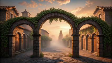 Street poetic atmosphere. Ancient Italian village at golden hour with ivy covered stone arches and cobblestone street