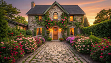 Street poetic atmosphere. Charming stone house with ivy and vibrant garden in summer evening light