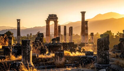Fototapeta premium Ancient Ruins at Sunset - A Glimpse into History and Architectural Grandeur.