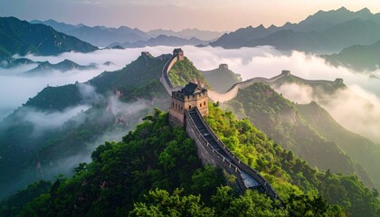 Majestic Great Wall of China amidst a sea of clouds.