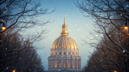 Street poetic atmosphere. glowing dome is framed by bare winter trees, creating serene and magical atmosphere