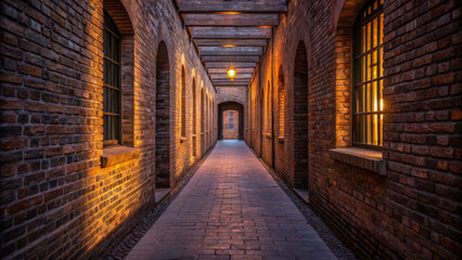 Street poetic atmosphere. narrow brick corridor with warm lighting creates cozy atmosphere