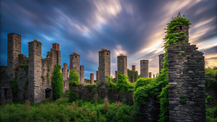 Street poetic atmosphere. Ruined medieval village with stone structures and lush greenery under dramatic sky