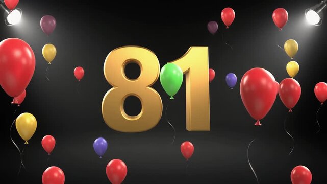 Number 81 in the spotlights with balloons in the background. Festive scene for birthday or anniversary party