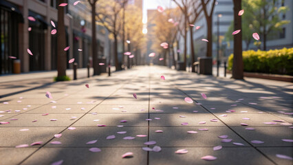 Street poetic atmosphere. Pink petals scattered on city sidewalk create serene and picturesque scene