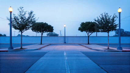 Street poetic atmosphere. Pale blue morning light illuminates quiet street corner with trees and lampposts