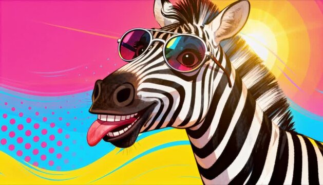 a zebra wearing sunglasses poses playfully against a vibrant colorful background perfect for international zebra day
