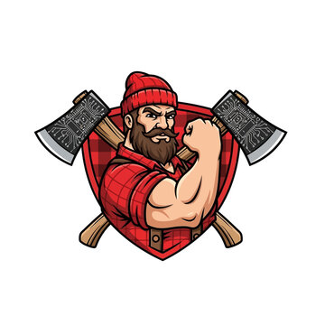 Muscular lumberjack character flexes with high-tech axes over shoulder in cartoon red shield emblem, symbolizing strength and technology combination in a bold graphic illustration style.